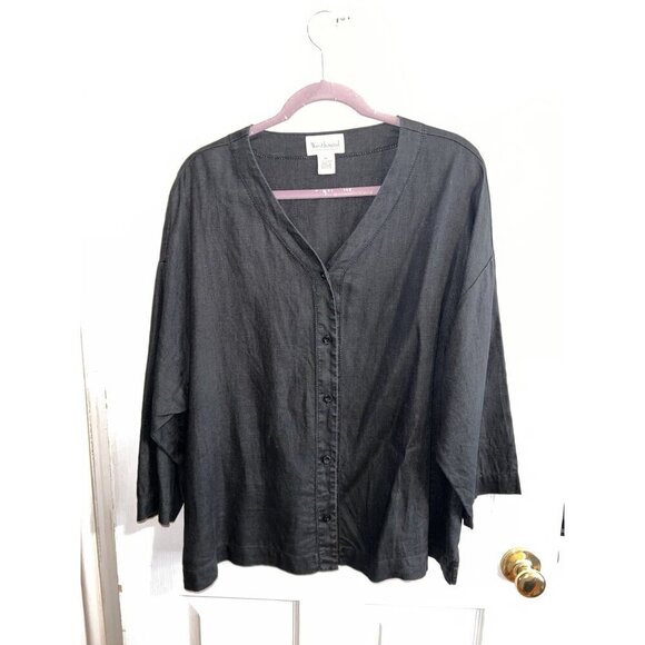 Westbound Tops - Westbound Black Linen Dolman Sleeve Button V-Neck Blouse Sz XL